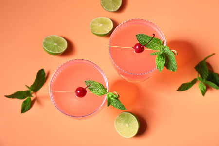 Glasses of tasty Cosmopolitan cocktail garnished with cherries and mint on orange backgroundの写真素材
