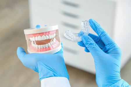 Female dentist's hands with occlusal splint and jaw model in clinic, closeup