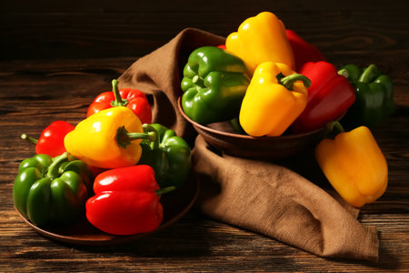 Plate and bowl with fresh colorful bell peppers on wooden backgroundの写真素材