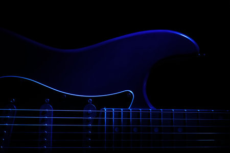 Modern electric guitar on black background, closeupの写真素材