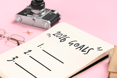 Notebook with 2026 goals, eyeglasses and photo camera on pink background, closeup
