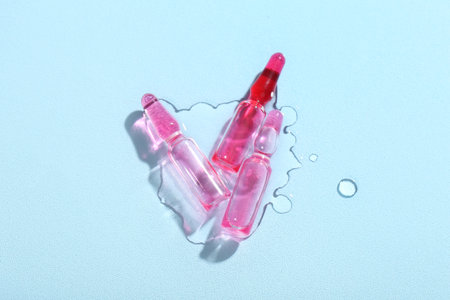 Glass ampoules with water drops on light blue backgroundの写真素材