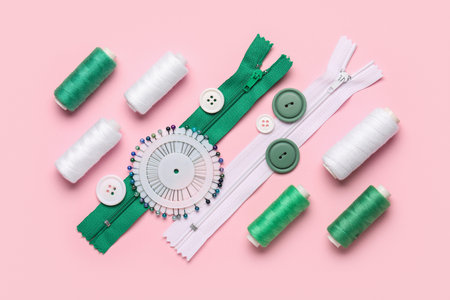 Composition with thread spools, zippers and buttons on pink background
