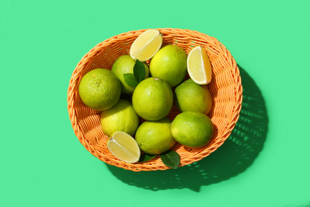 Basket with fresh ripe limes on green background
