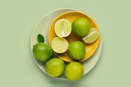 Plates with fresh ripe limes on green backgroundの写真素材