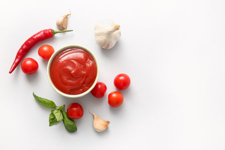 Bowl of tasty tomato sauce with basil leaves, garlic and chili pepper on gray backgroundの写真素材
