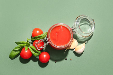 Jar of tasty tomato sauce with basil leaves, garlic and peppercorns on green background