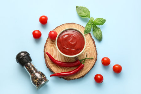 Bowl of tomato sauce with chili peppers and basil leaves on blue backgroundの写真素材