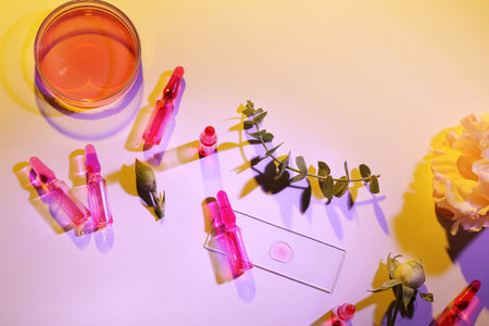 Glass ampoules with Petri dish on color backgroundの写真素材