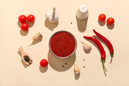 Bowl of tasty tomato sauce and different spices on beige backgroundの写真素材