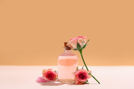 Composition with bottle of rose essential oil on white table near beige wall, closeupの写真素材