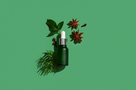 Composition with bottle of essential oil, anise stars and green leaves on green backgroundの写真素材