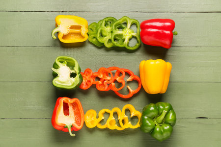 Fresh colorful bell peppers on green wooden backgroundの写真素材