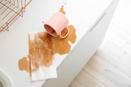 Cup with spilled coffee and paper towel on counter in kitchen, top viewの写真素材