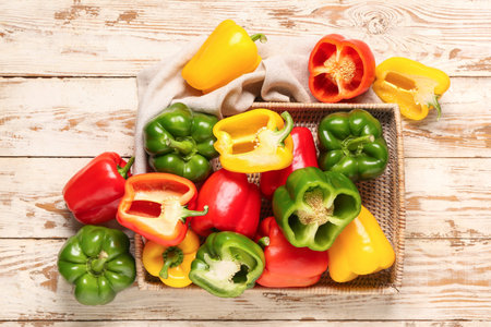 Wicker tray with fresh colorful bell peppers on white wooden background