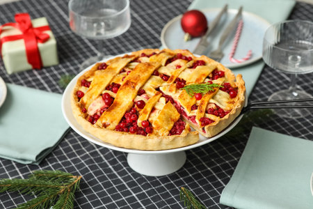 Stylish table setting for Christmas dinner with delicious cranberry pie and fir tree branchesの写真素材