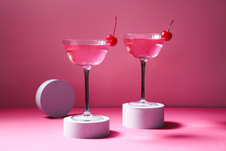 Plaster podiums and glasses of tasty Cosmopolitan cocktail garnished with cherries on pink backgroundの写真素材
