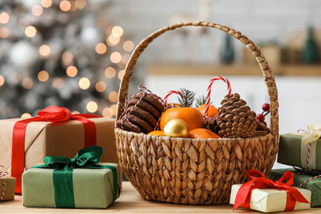 Gift basket with products, boxes, decor and fir tree branches on table in Christmas decorated roomの写真素材