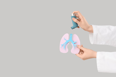Female doctor's hands with paper lungs and asthma inhaler on gray background, closeupの写真素材