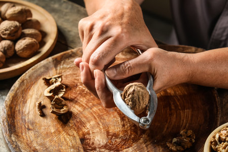Elderly woman cracking walnuts with nutcracker on wooden board