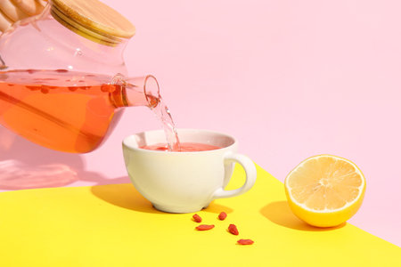 Pouring hot goji tea from teapot into cup on colorful backgroundの写真素材
