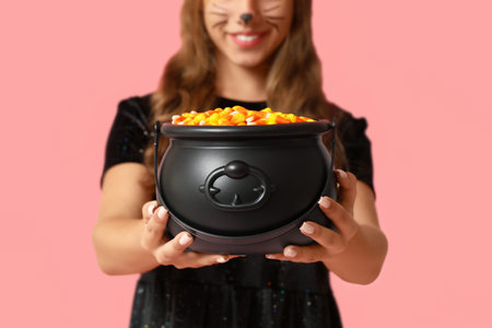 Cute happy girl dressed for Halloween with pot of candy corns on pink background, closeup