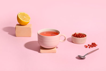 Cup of hot goji tea with lemon and berries on pink backgroundの写真素材