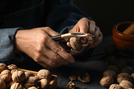 Elderly woman cracking walnuts with nutcracker on black wooden tableの写真素材