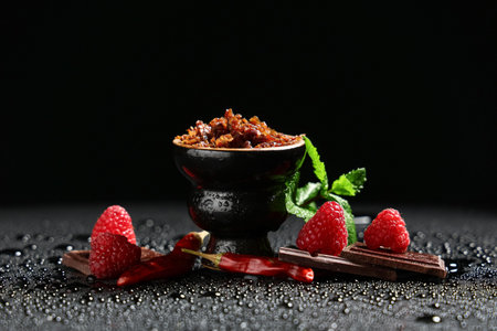 Hookah bowl of tobacco with berries, chocolate pieces, dried chili peppers and mint leaves on black...