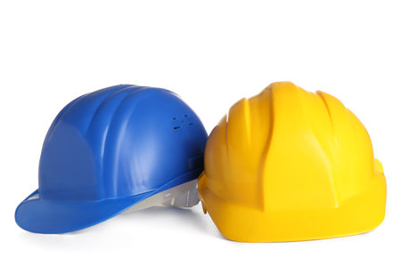 Different hardhats isolated on white backgroundの写真素材