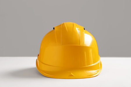 Yellow hardhat on white backgroundの写真素材
