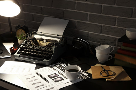 Vintage typewriter with wanted posters and fingerprints on table in dark officeの写真素材