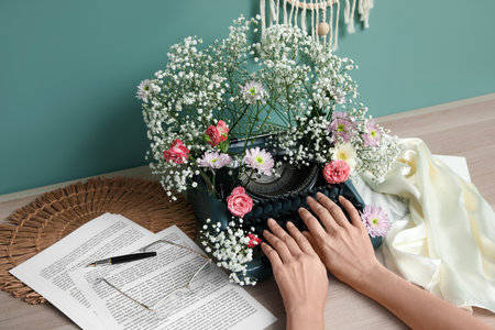 Female hands using vintage typewriter with flowers on table near green wallの写真素材