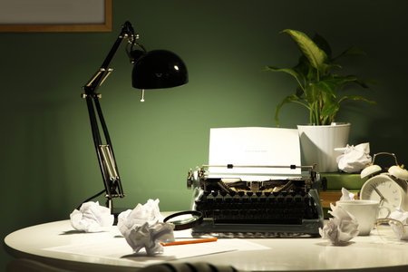 Vintage typewriter with crumpled paper and glowing lamp on tableの写真素材