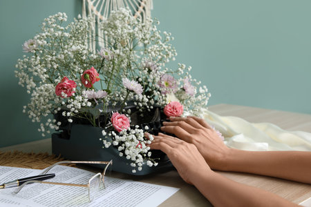Female hands using vintage typewriter with flowers on table near green wallの写真素材
