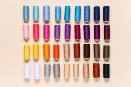 Many different thread spools on beige backgroundの写真素材