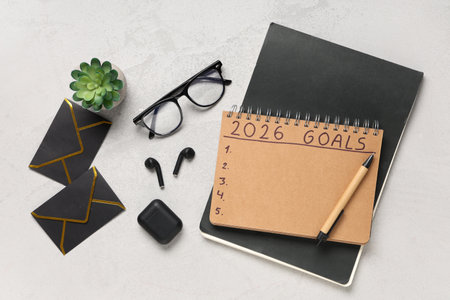 Notebook with 2026 goals, eyeglasses, earphones and envelopes on grunge backgroundの写真素材