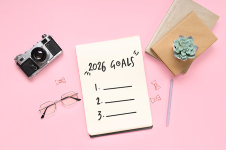 Notebook with 2026 goals, eyeglasses and photo camera on pink background
