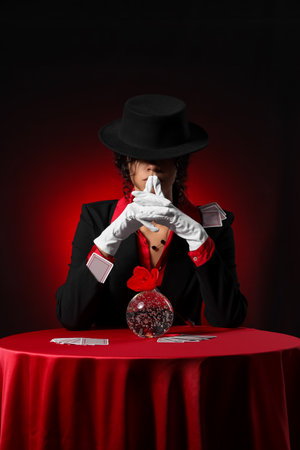 Young magician with crystal ball and cards sitting at table on dark red backgroundの写真素材