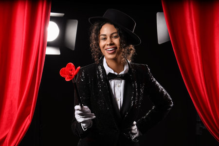 Young African-American magician in mask with magic wand on black backgroundの写真素材