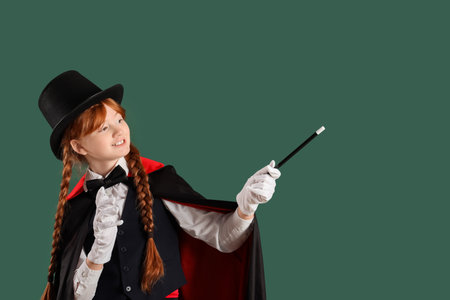 Young magician showing magic trick on green backgroundの写真素材