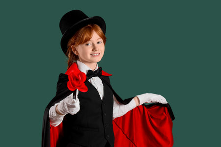 Young magician showing magic trick on green backgroundの写真素材