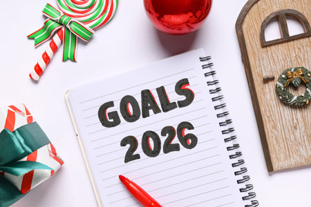 Notebook with new goals for 2026 year, Christmas gift and decor on white background