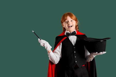 Young magician showing magic trick with hat on green backgroundの写真素材