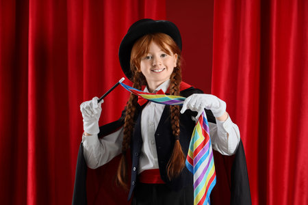 Young magician showing magic trick on red curtain backgroundの写真素材