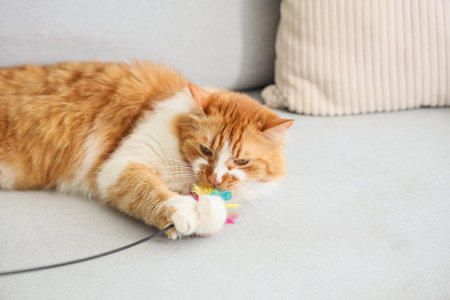 Cute tabby cat with toy lying on sofa at home, closeup