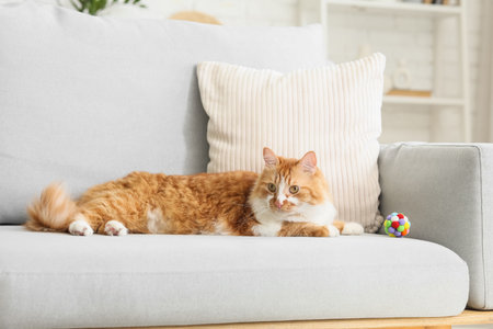 Cute tabby cat with toy lying on sofa at homeの写真素材
