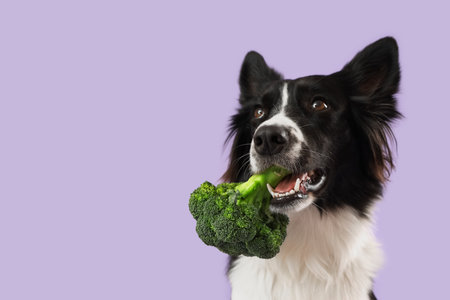 Border Collie dog with broccoli on lilac background, closeupの写真素材