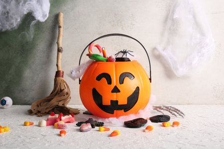 Basket with different treats and decorations for Halloween on light backgroundの写真素材