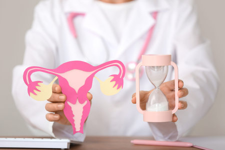 Female gynecologist with paper uterus and hourglass on table, closeupの写真素材